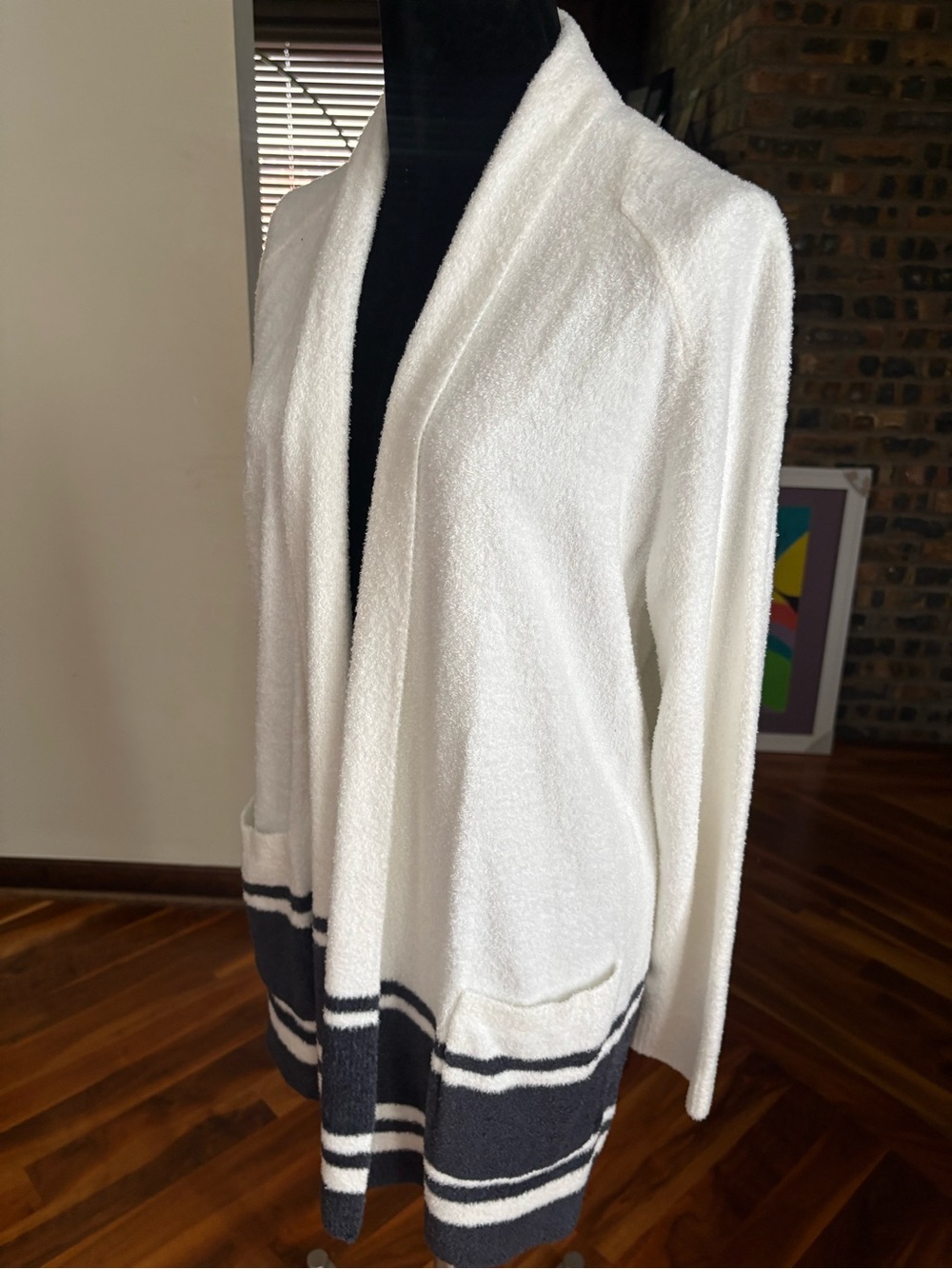 Barefoot Dreams, Cozy Open-Front White Cardigan with Striped Hem, NEW